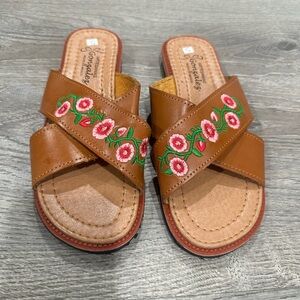 Brown Floral Embroidered Women's Sandals